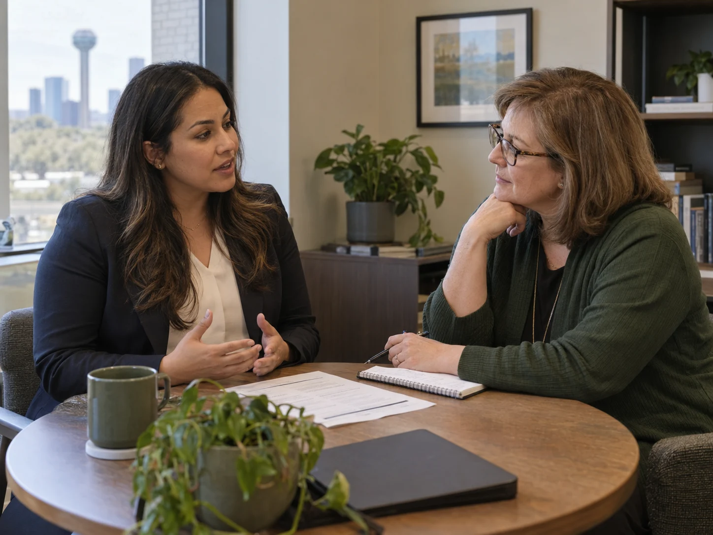 A healthcare administration candidate speaking with a recruiter in Dallas